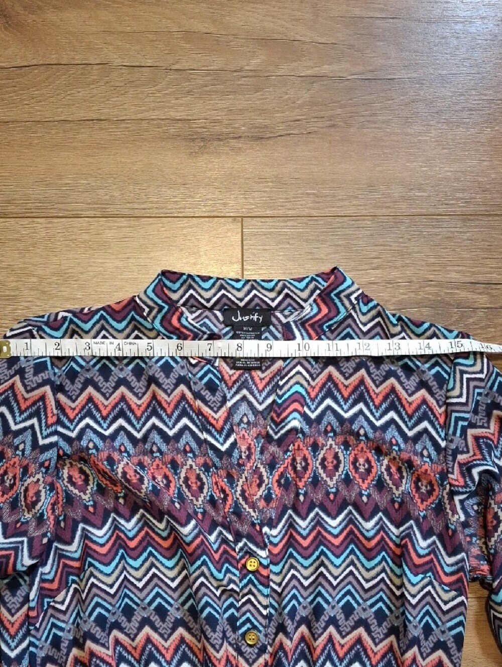Justify Chevron Aztec Print Drawstring Shirt Dress - Navy, Coral, White - Picture 2 of 4